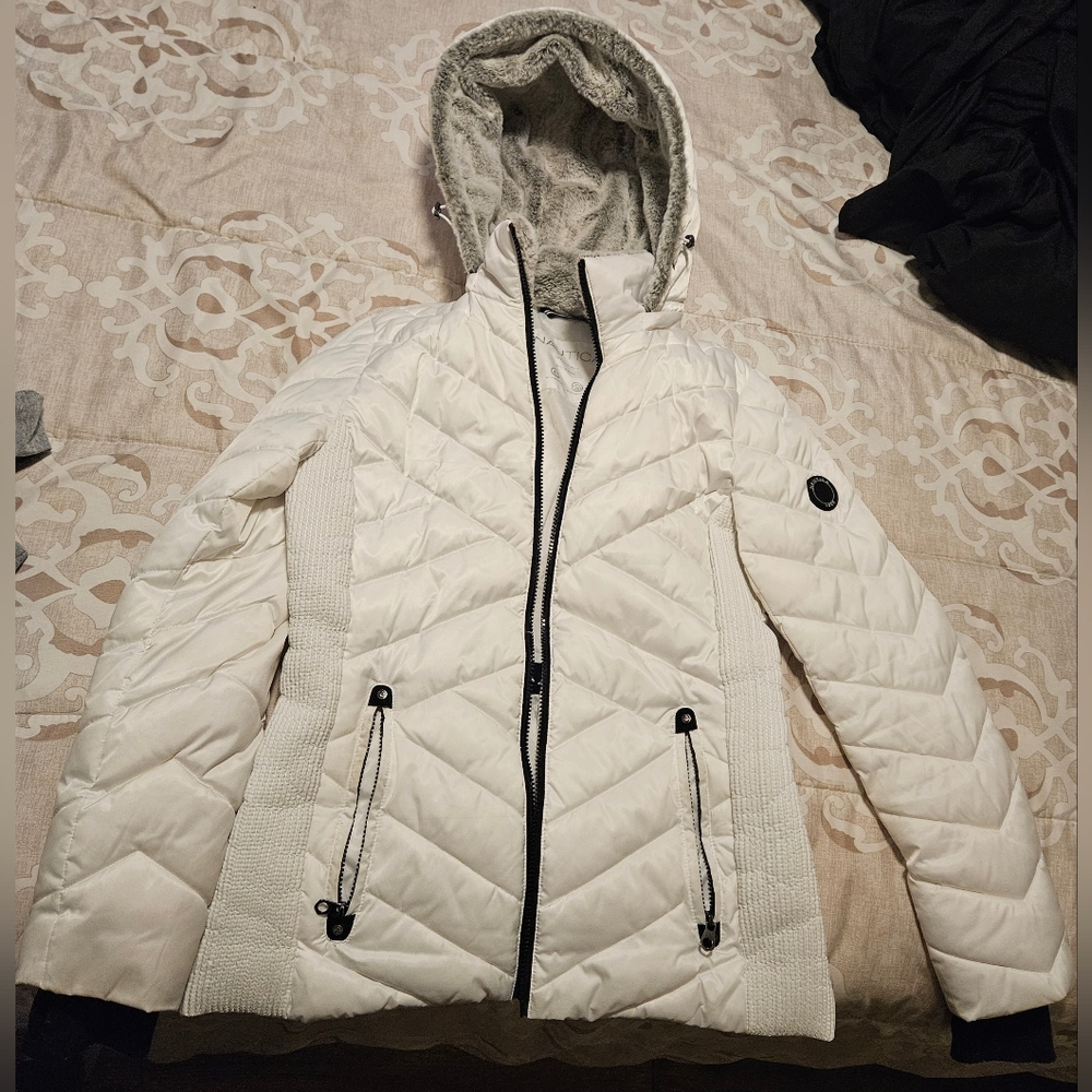 Nautica Women's Quilted White Puffer Coat with Hood
